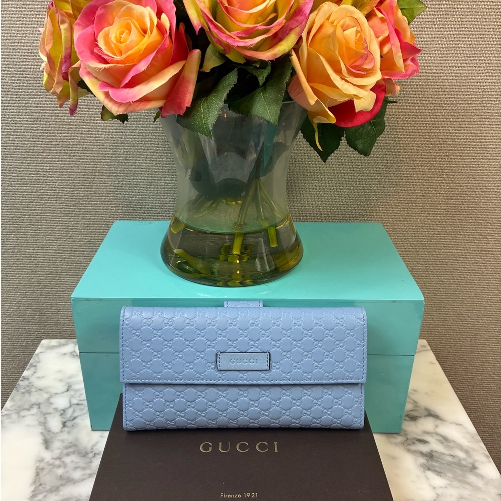Gucci Micro Guccissima Light Blue GG Leather Multi Pocket Wallet NWOT Authentic - Picture 2 of 14